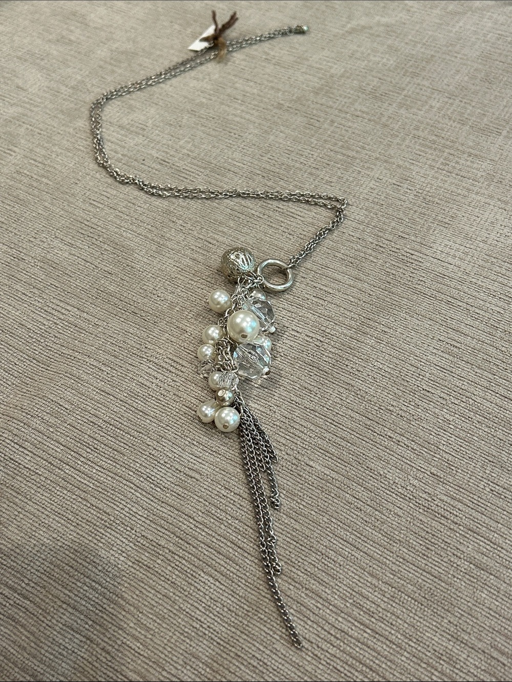 Silver Pearl and Crystal Tassel Necklace